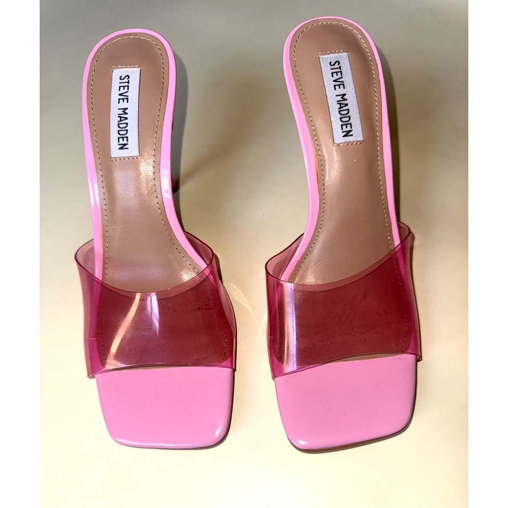 Steve Madden Signal Pink Translucent Square Toe Stiletto Mules Heels Size 8.5M